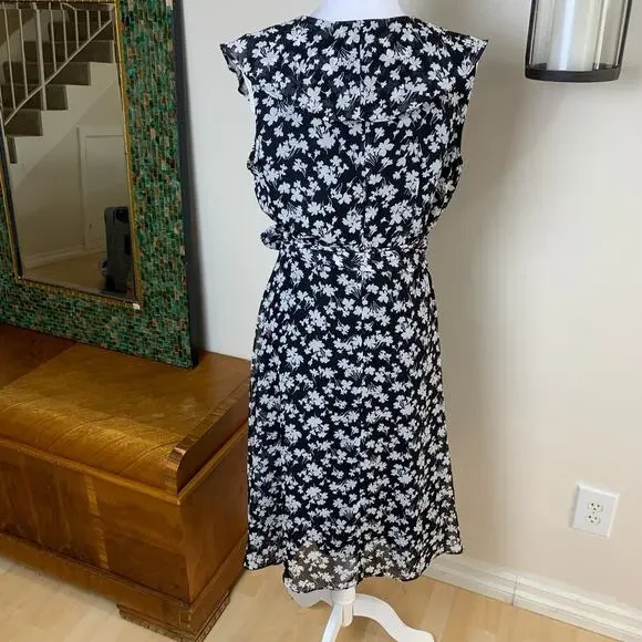 Vintage Size 12 Women's Floral Print Ruffle Dress Black White Tie Waist - Picture 14 of 16